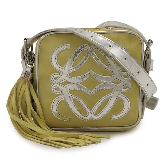 Loewe Anagram Pochette Shoulder Bag Diagonal Fringe Tassel Suede Leather Yellow - Picture 1 of 8